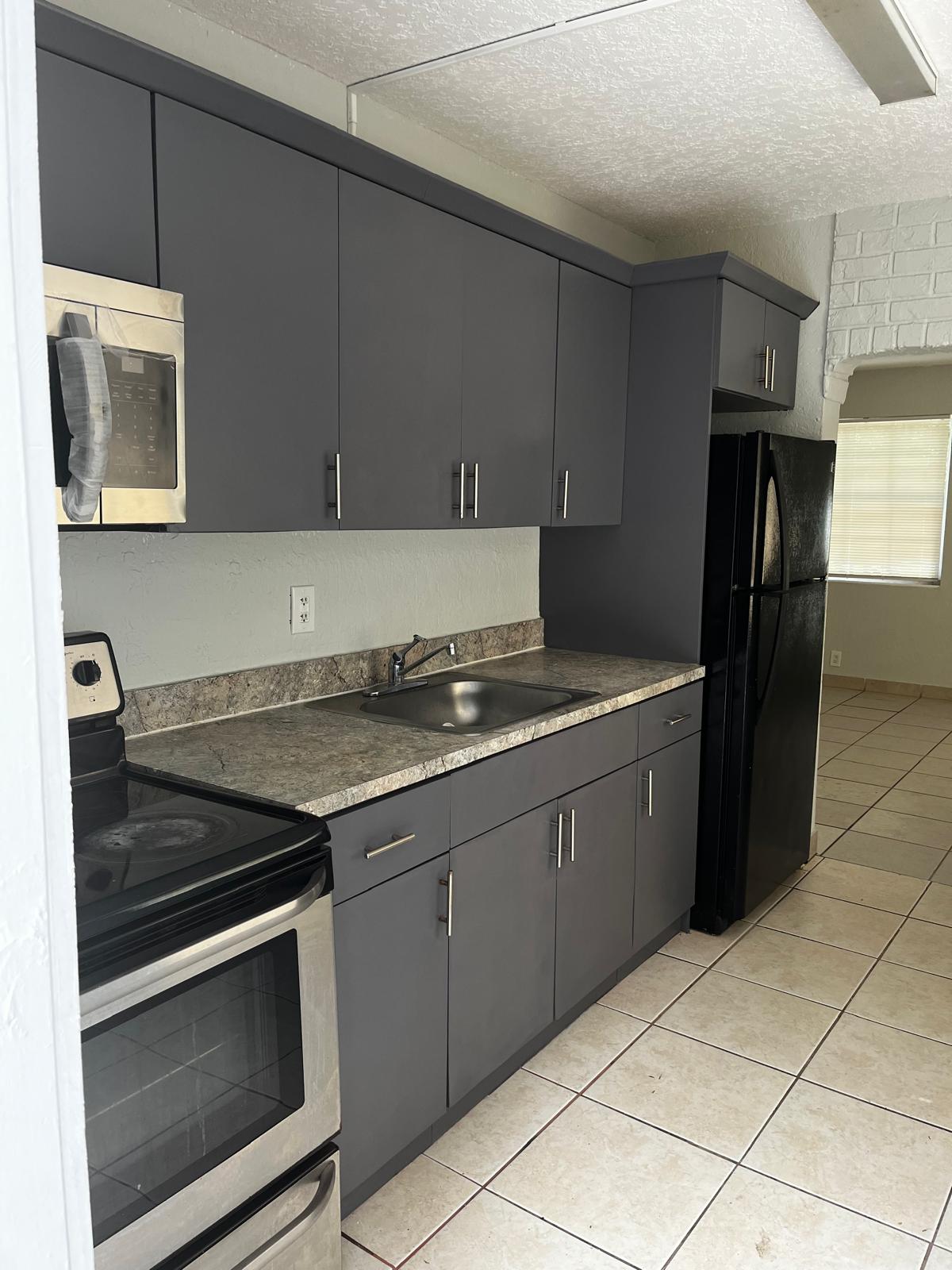Finished kitchen with smooth charcoal gray cabinets